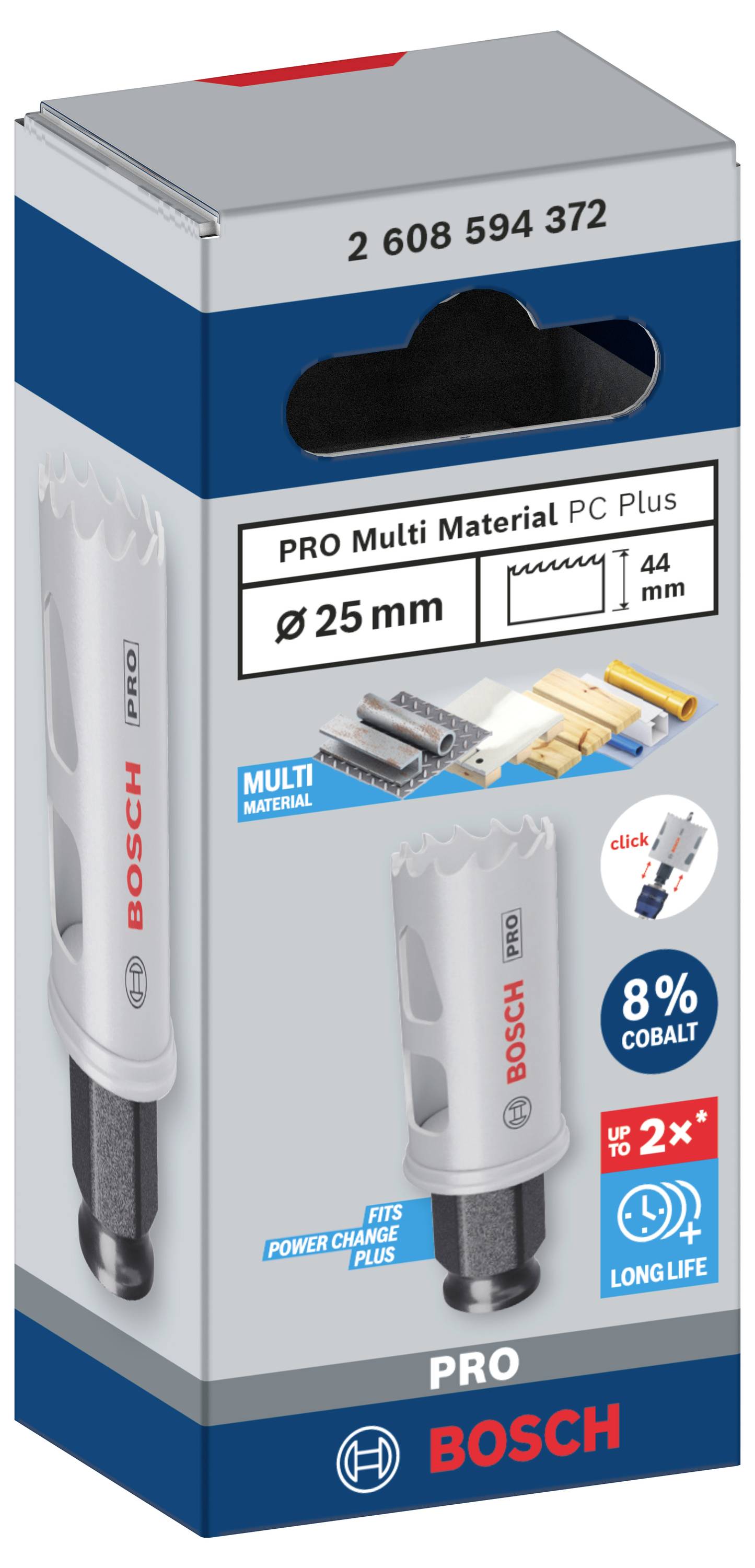 Die Abbildung zeigt eine Bosch Lochsäge, Modell PRO Multi Material PC Plus, mit einem Durchmesser von 25 mm, geeignet für verschiedene Materialien.