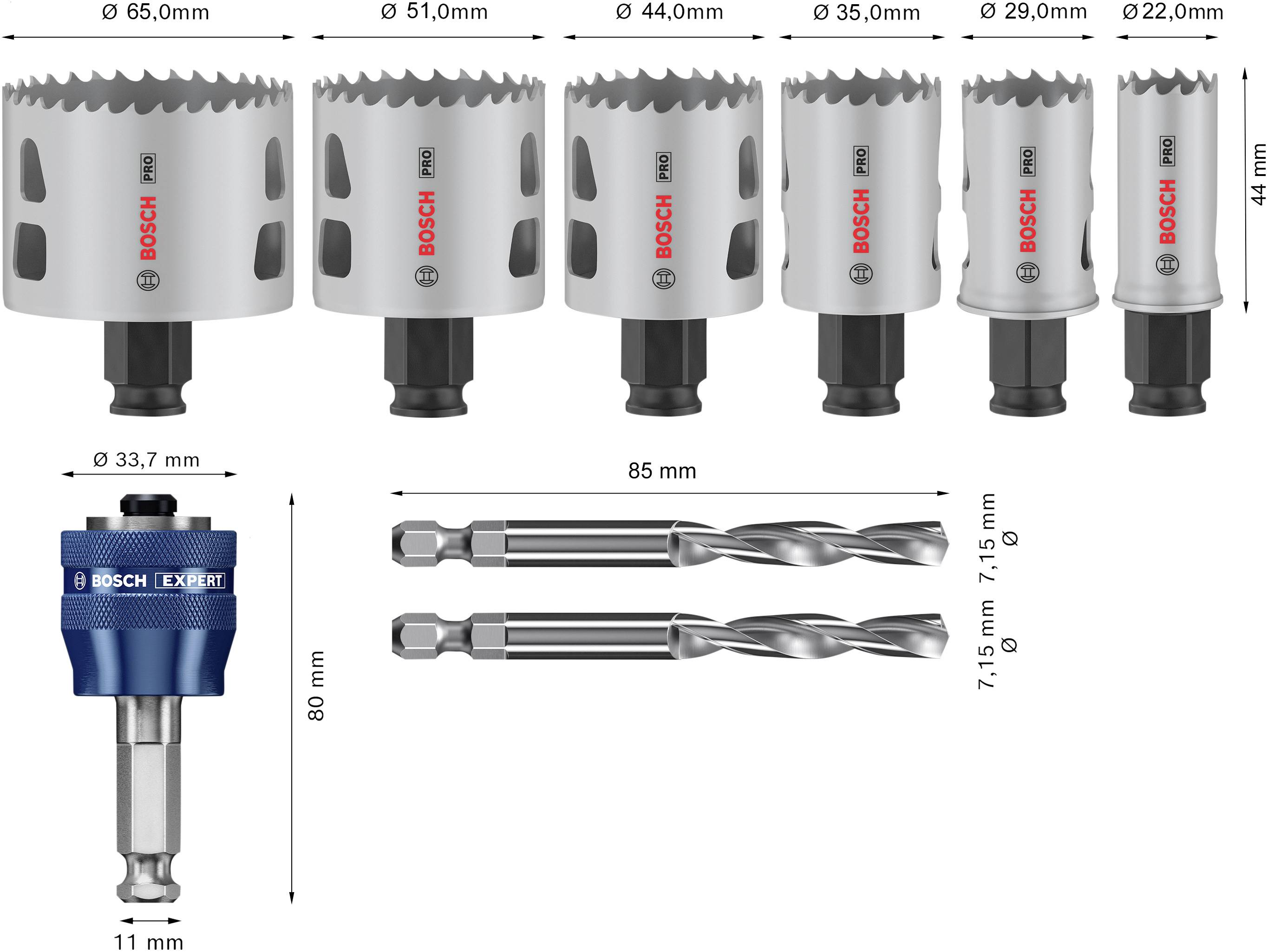 Satz von fünf Bosch Lochsägen mit verschiedenen Durchmessern und zwei Bohrern, zusammen mit einem Adapter, Größen in Millimetern angegeben.