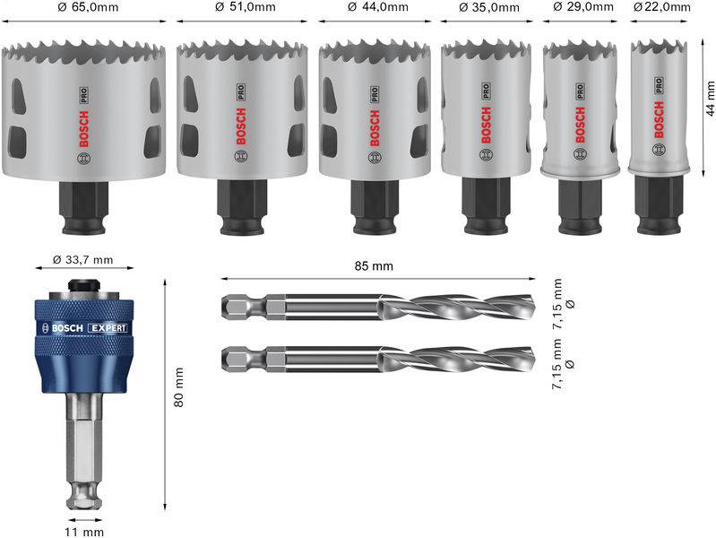 Abgebildet ist ein sechsteiliges Bosch Bohrkronen-Set in verschiedenen Durchmessern, inklusive Adapter und Bohrer mit passenden Maßen.