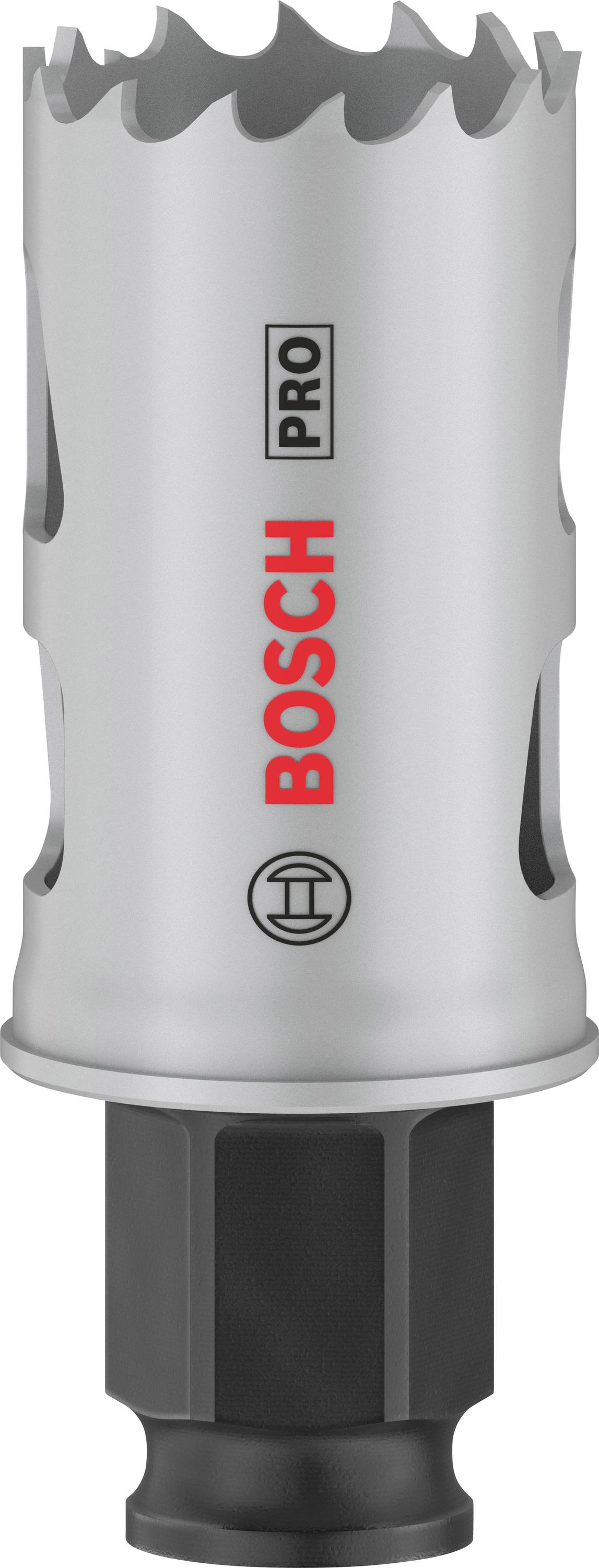 Silberner Lochsäge-Aufsatz mit scharfen Zähnen, Markenname 'Bosch' bedruckt. Verwendet für präzises Bohren in Materialien.
