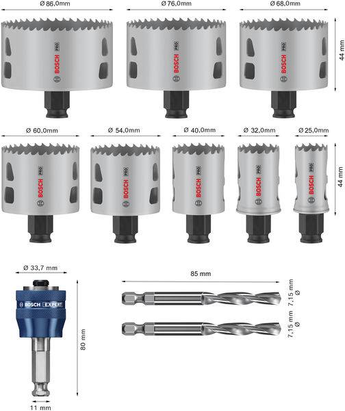 Vier Lochsägen (86 mm, 76 mm, 68 mm, 60 mm), ein Adapter, zwei Bohrer. Maße sind abgebildet. Markenlogo sichtbar.