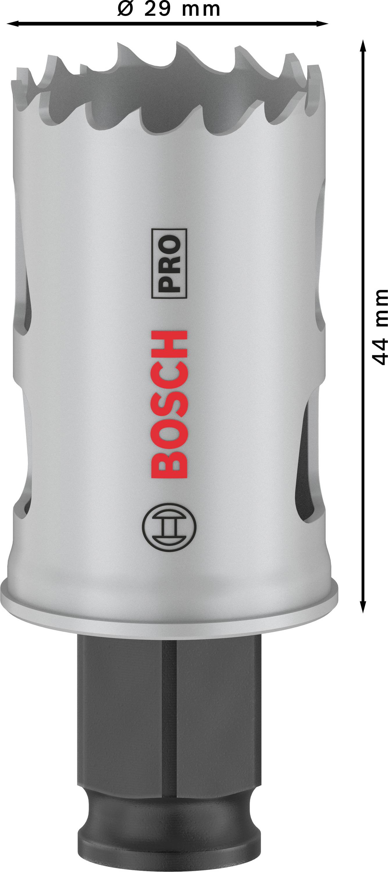 'Bosch Pro' Lochsäge mit 29 mm Durchmesser und 44 mm Tiefe, silberfarben.