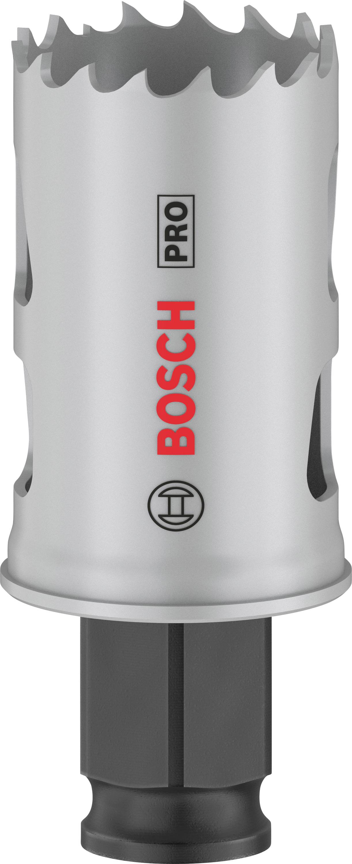 Ein grauer Lochsägeaufsatz mit einer schwarzen Basis, auf dem 'BOSCH PRO' in Rot gedruckt ist.