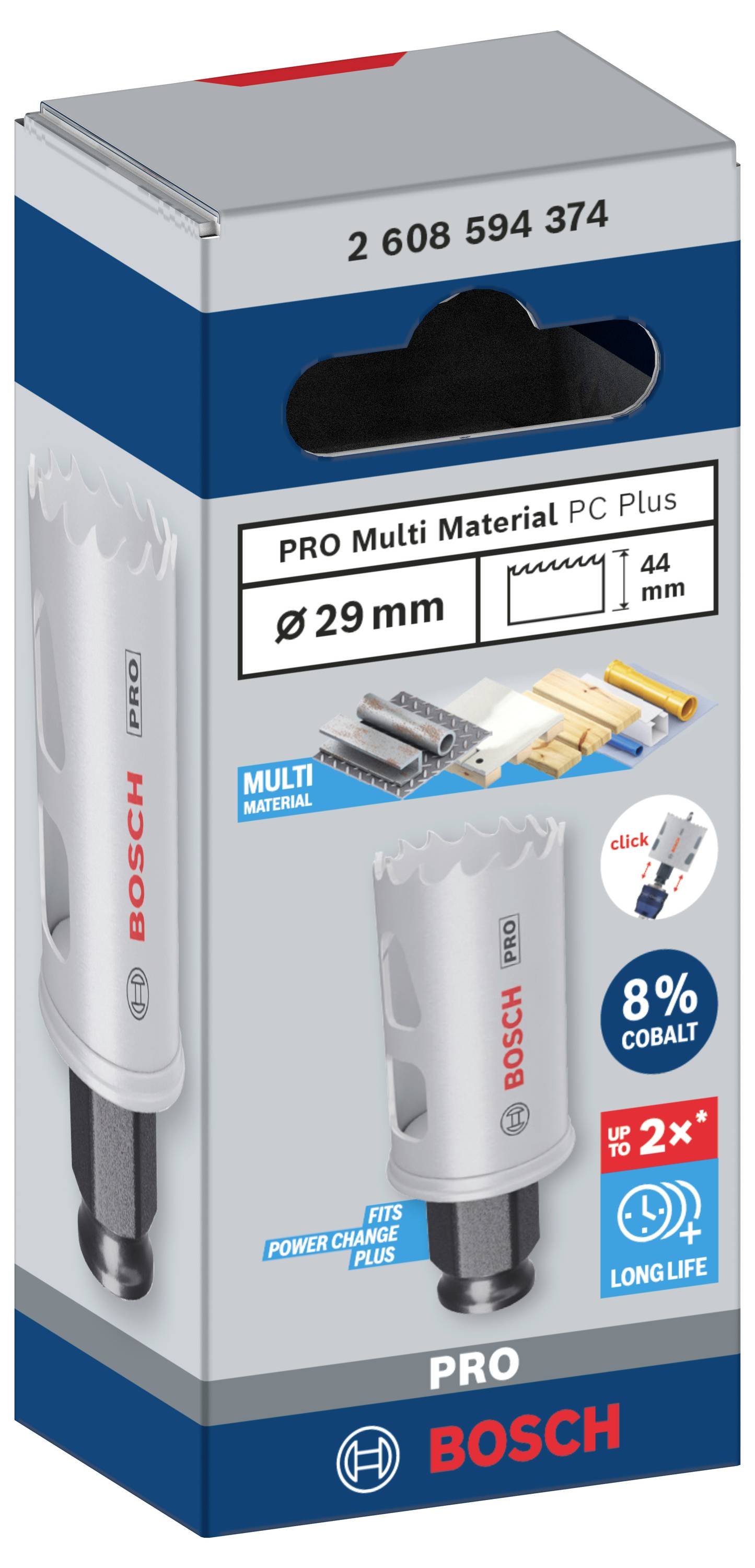 Verpackung einer Bosch Lochsäge. Hauptmerkmale: Durchmesser 29 mm, 8% Kobalt, geeignet für verschiedene Materialien.