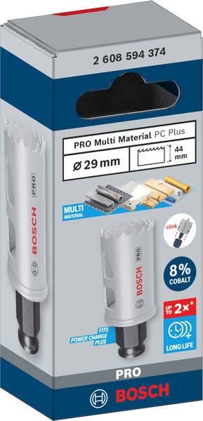 Verpackung einer Bosch Pro Multi Material Lochsäge. Angaben: Durchmesser 29 mm, schnittgeeignet für verschiedene Materialien, 8% Kobaltlegierung.