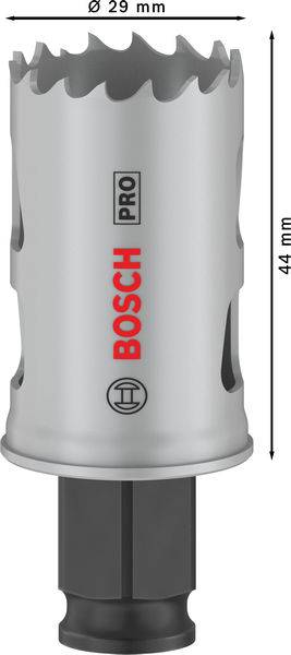 Bohrkrone von Bosch, 29 mm Durchmesser und 44 mm Höhe, silberne Farbe, geeignet für professionelle Anwendungen.