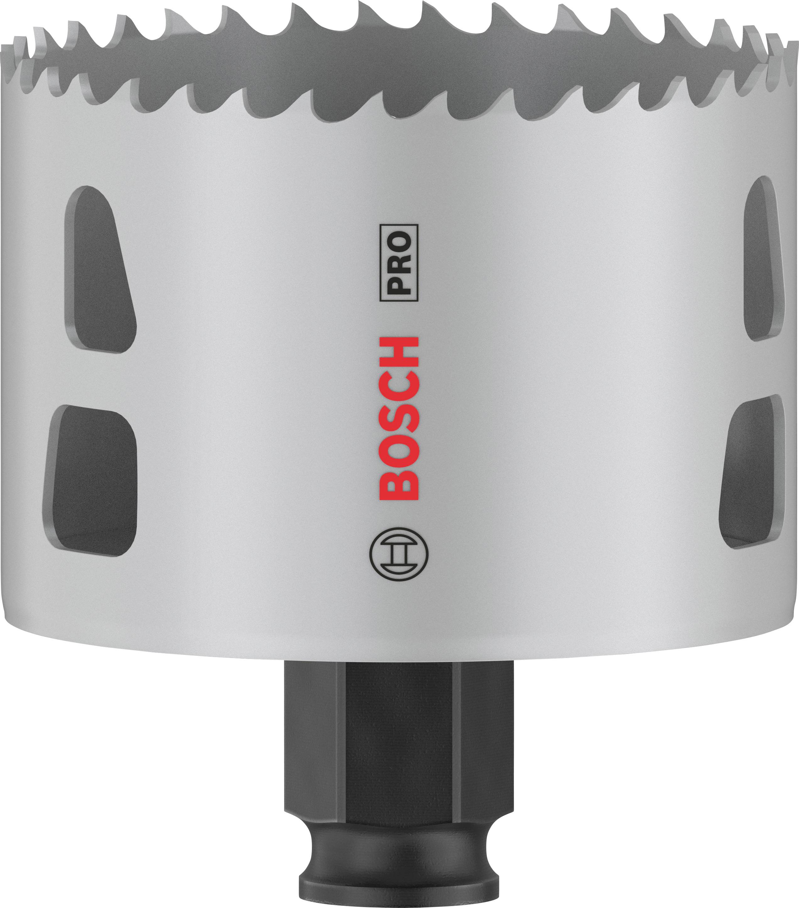 Eine silberne Lochsäge mit scharfen Zähnen und der Aufschrift 'BOSCH PRO'. Sie ist für präzises Bohren in verschiedenen Materialien konzipiert.