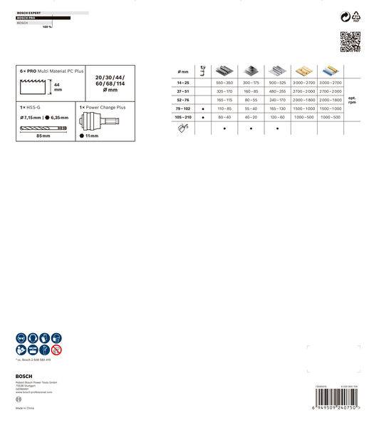 'Bosch Expert' Verpackung zeigt Sägeblatteigenschaften. Tabelle listet kompatible Materialien und Dicken. Oben rechts ein QR-Code.