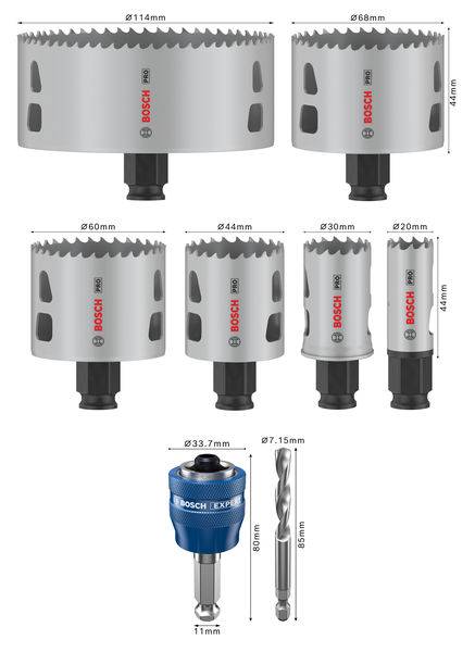 Verschiedene Bosch-Lochsägen unterschiedlicher Durchmesser und Längen, sowie ein passender Adapter und Bohrer.