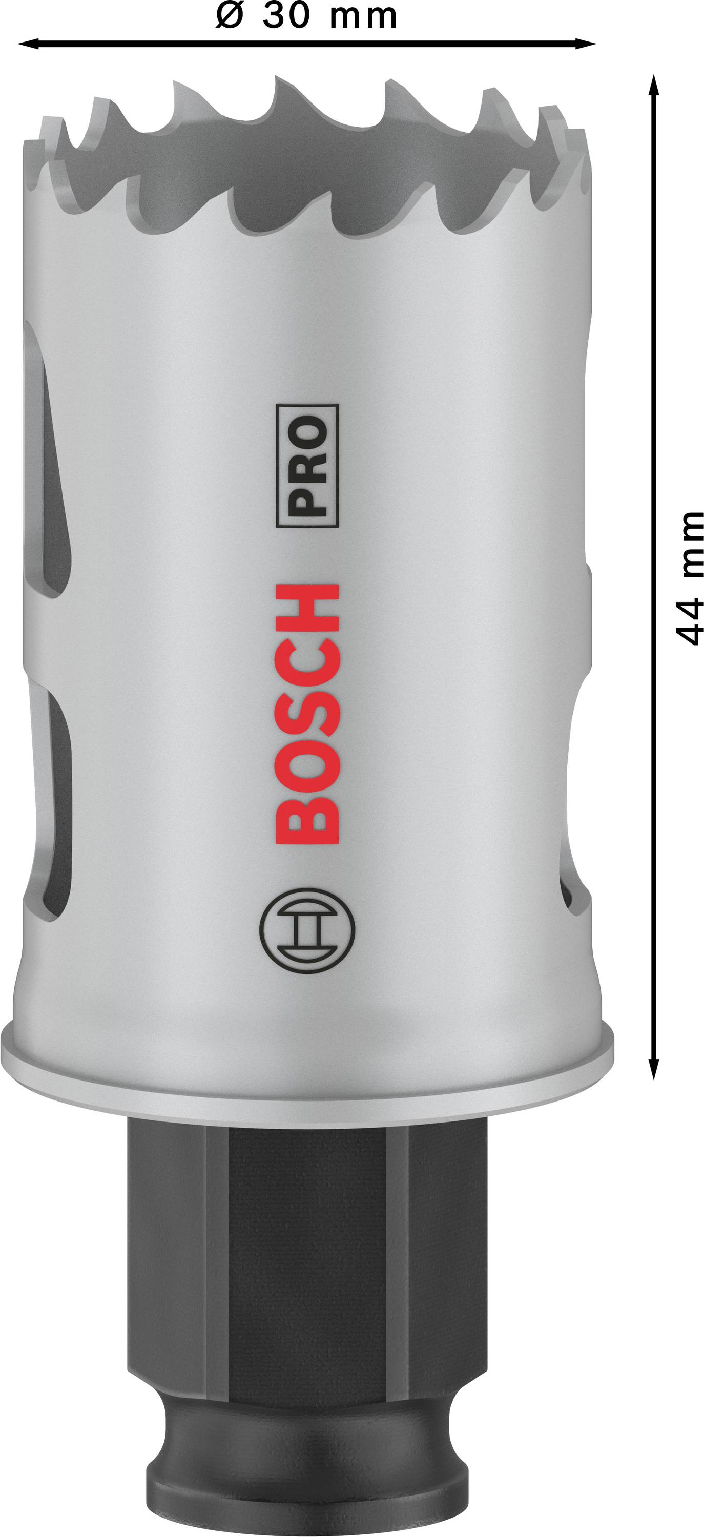 Metallsägekrone von Bosch, 30 mm Durchmesser, 44 mm Länge, silberfarben mit roter Beschriftung.