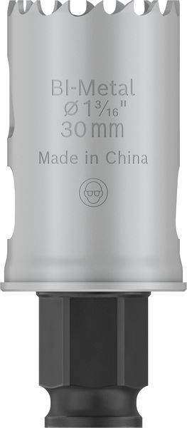 Eine Bi-Metall-Lochsäge mit einem Durchmesser von 30 mm, hergestellt in China, liegt vor. Sie hat gezackte Zähne zum Schneiden.