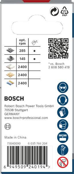 Verpackungsetikett für Bosch-Werkzeug mit Symbolen für Anwendungen, QR-Code, Recyclingzeichen, Warnungen und Kontaktinformationen.