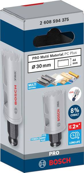 Verpackung für Bosch Lochsäge, Durchmesser 30 mm, 8 % Kobalt, geeignet für Multi-Materialien, mit verstärktem Schraubenschaft für längere Lebensdauer.