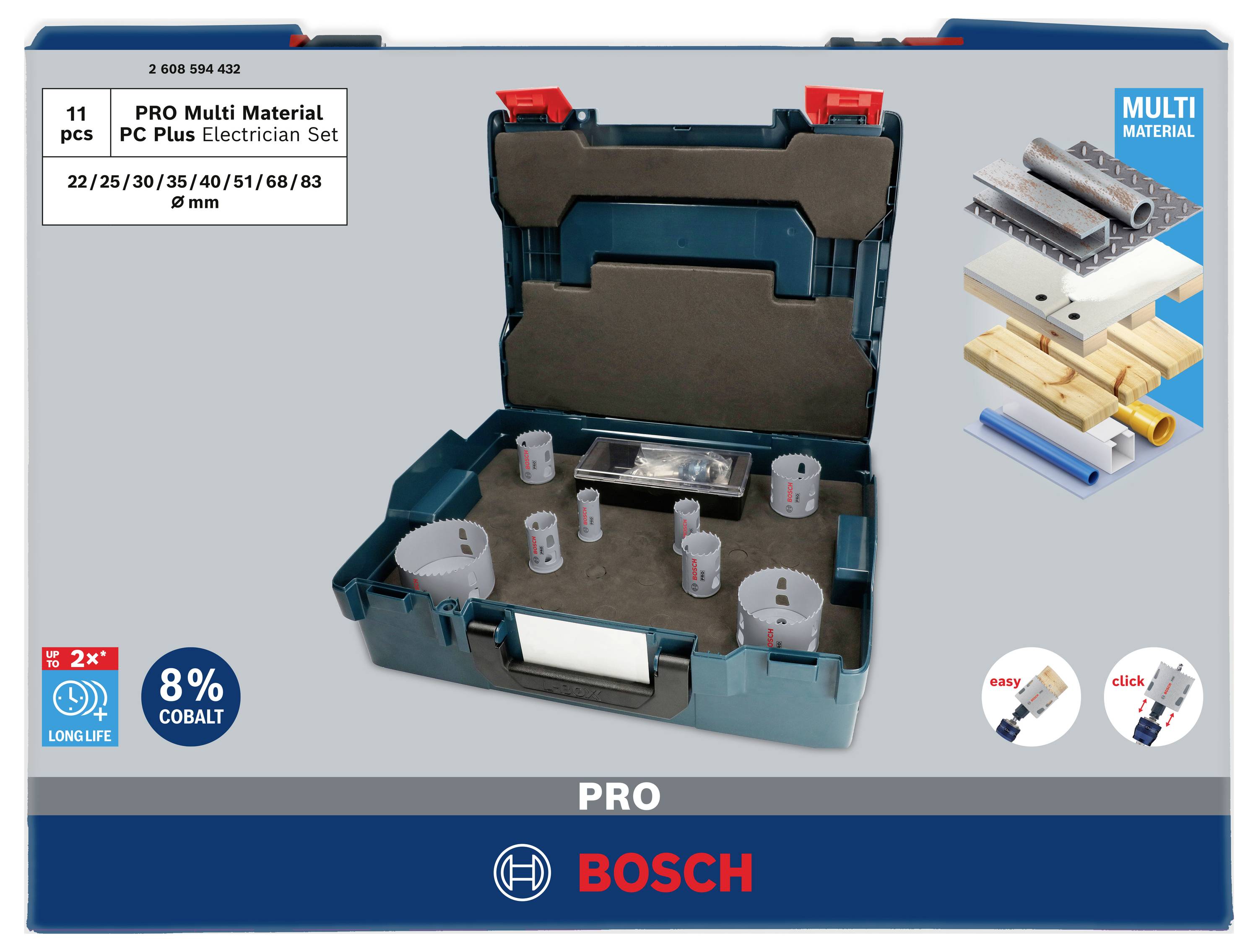 Bosch PRO Multi Material Set für Elektriker, 11 Teile. Enthält Bohrergrößen: 22/25/30/35/40/51/68/83 mm. 8% Kobalt.