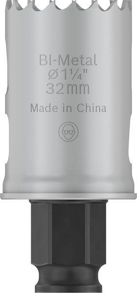 'Sägekrone aus Bi-Metall, Ø32mm, hergestellt in China,' mit gezahnten Rändern zur Holzbearbeitung.