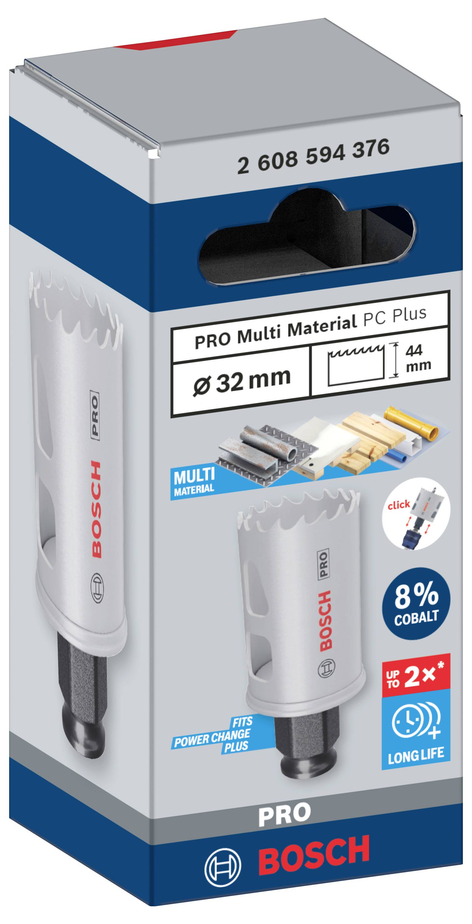 Verpackung einer Bosch Lochsäge, 32 mm Durchmesser, für verschiedene Materialien geeignet. Enthält Infos zur Langlebigkeit und Leistung.