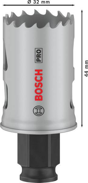 Silberne Lochsäge von Bosch Pro mit einem Durchmesser von 32 mm und einer Höhe von 44 mm.