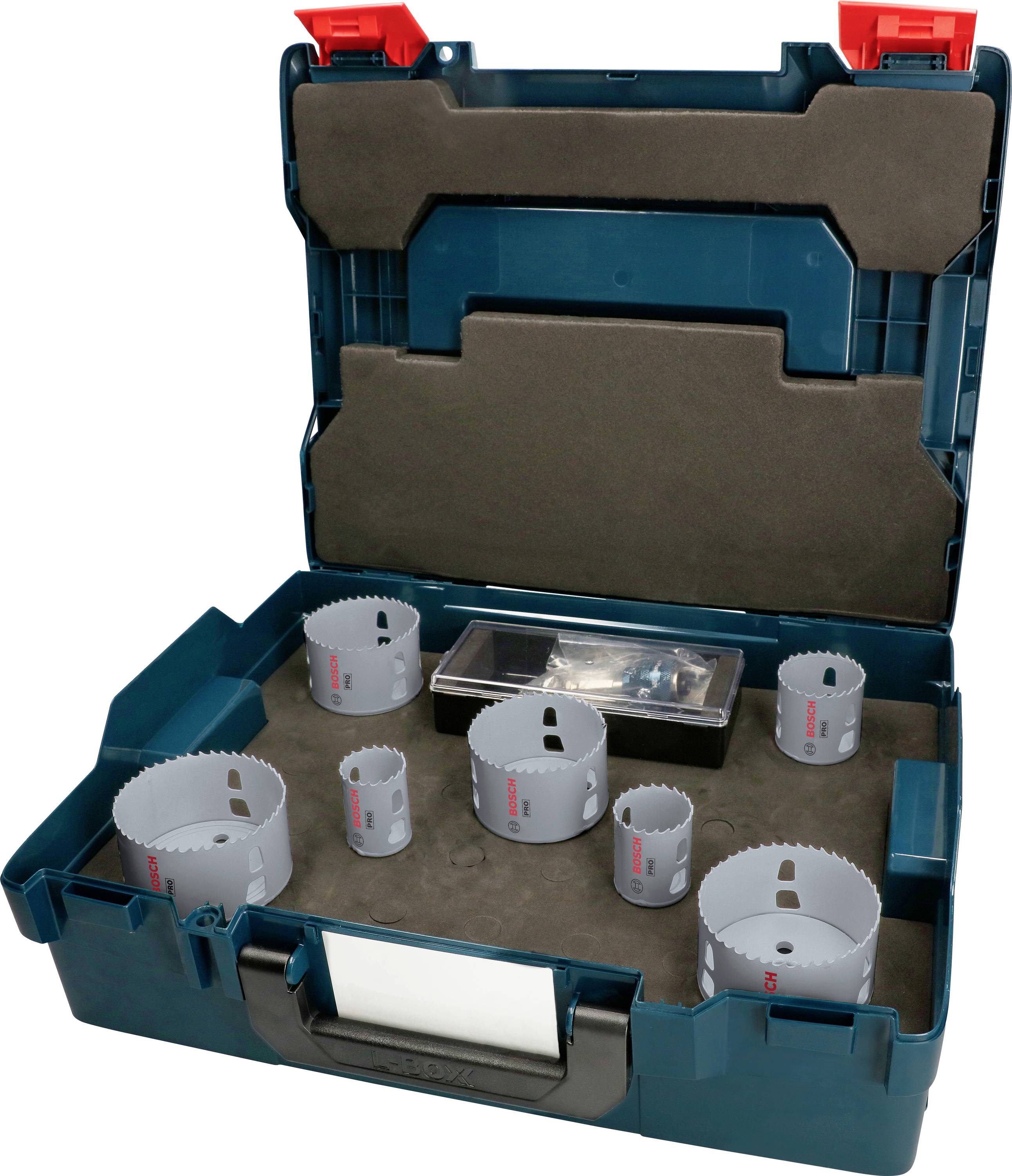 Geöffneter Werkzeugkasten mit verschiedenen Lochsägen und Zubehör. Die Lochsägen sind in unterschiedlichen Größen in einem Koffer angeordnet.