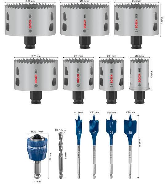 Bild zeigt verschiedene Lochsägen und Bohrer in unterschiedlichen Größen. Markenname und spezifische Maße sind sichtbar.