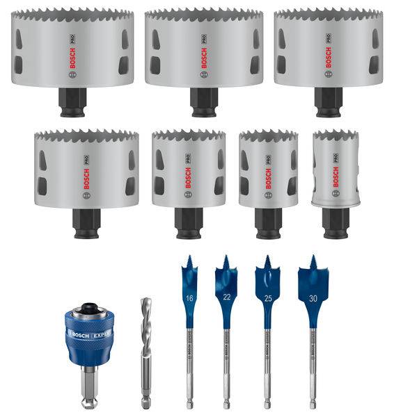Acht Lochsägen und vier Holzbohrer in verschiedenen Größen von Bosch. Sie sind für präzises Bohren und Sägen in Holzmaterialien geeignet.