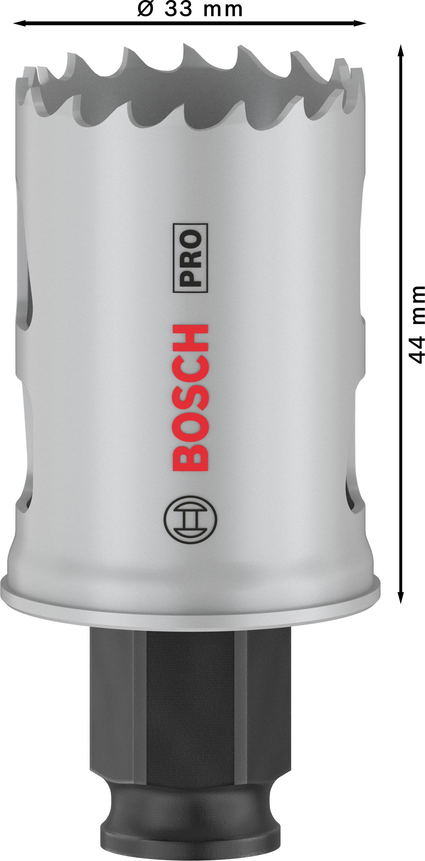 Metall-Lochsäge 'Bosch Pro', Durchmesser 33 mm, Höhe 44 mm, silbernes Gerät mit rotem 'Bosch'-Logo.