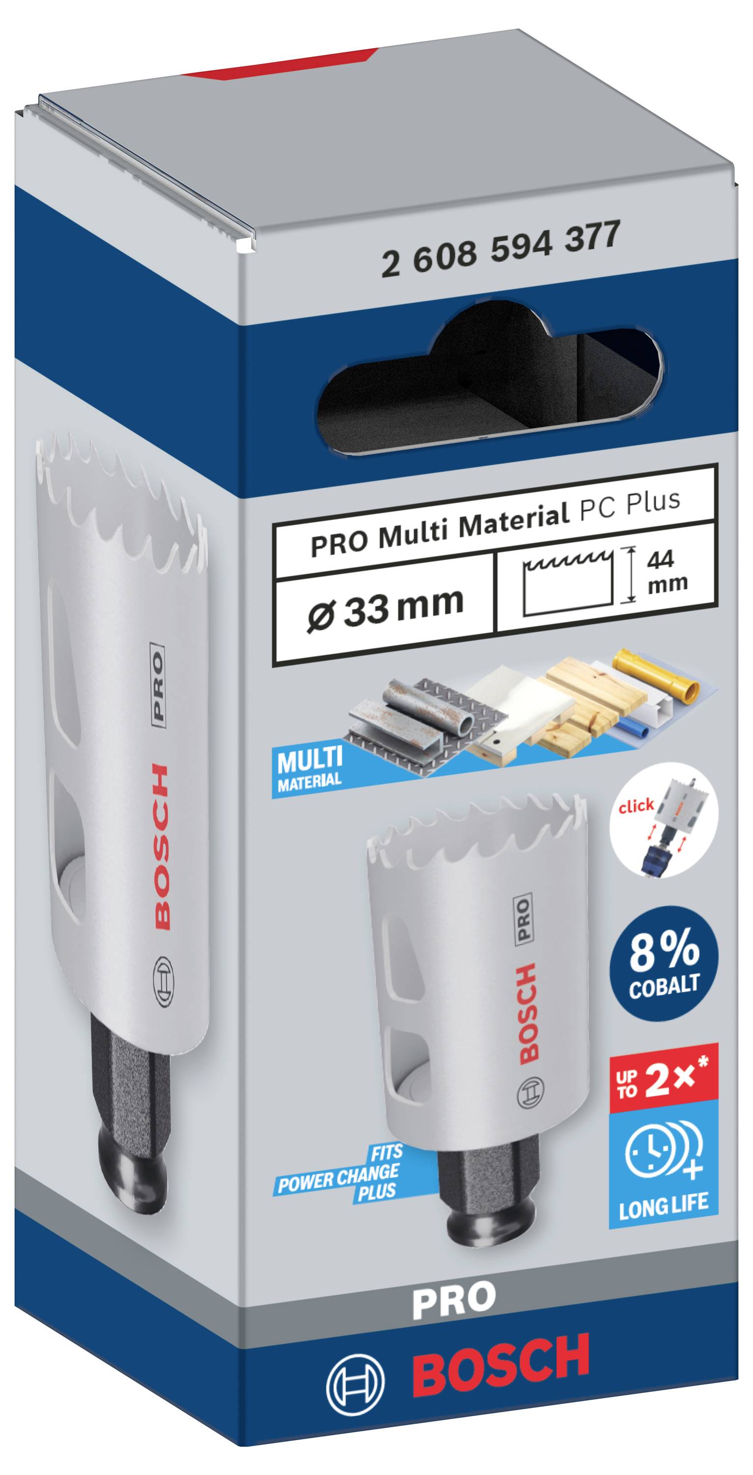 Bohrer-Set-Verpackung von Bosch. Zeigt Multi-Material-Bohrer für 33 mm mit 8% Kobalt. Geeignet für verschiedene Materialien.