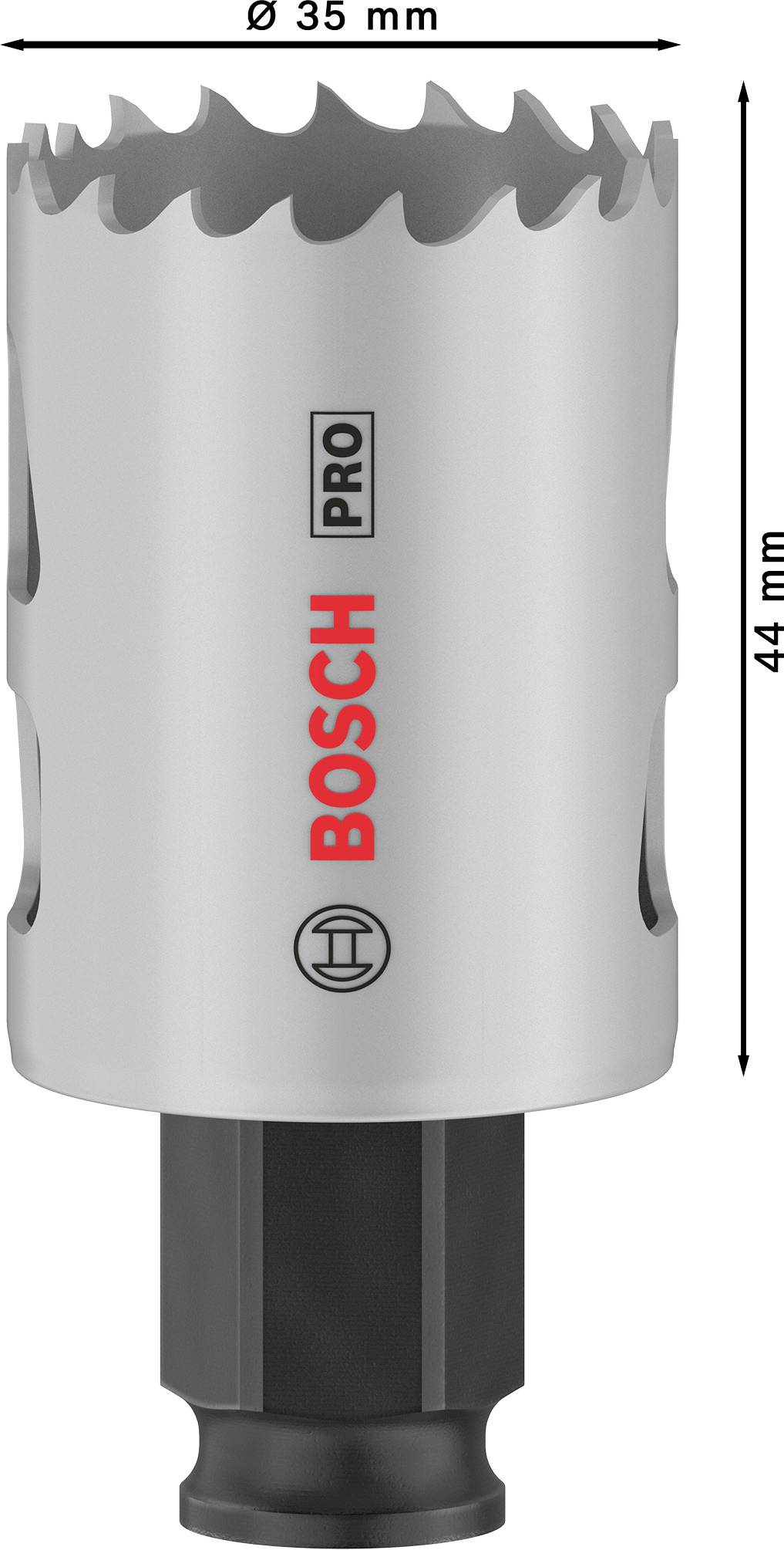 Bohrkrone mit 35 mm Durchmesser und 44 mm Länge, silberfarben, mit rot-schwarzem 'BOSCH PRO'-Logo.