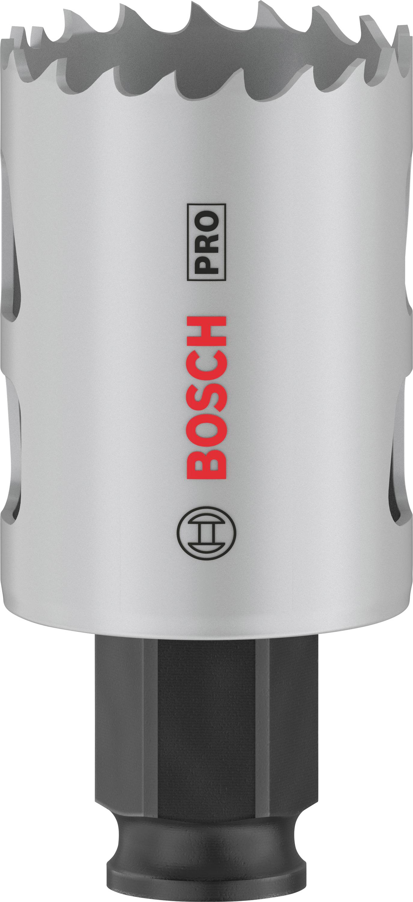 Metall-Lochsäge von Bosch Pro, silbern mit scharfen Zähnen und rotem Logo. Geeignet für präzise Bohrarbeiten in Metall.