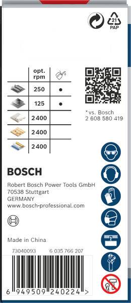 Verpackung eines Bosch-Werkzeugs, zeigt Drehzahlen: 250, 1250, 2400; enthält Adressinformationen, QR-Code und Recycling-Symbole.
