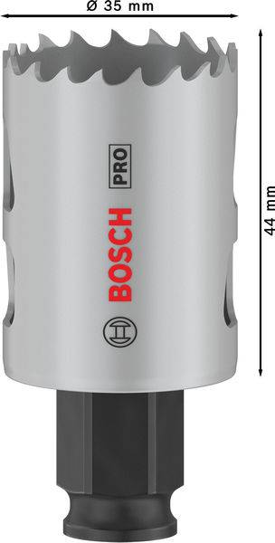 Graue Holz-Sägehülse mit rotem 'BOSCH PRO'-Schriftzug, 35 mm Durchmesser, 44 mm Länge.