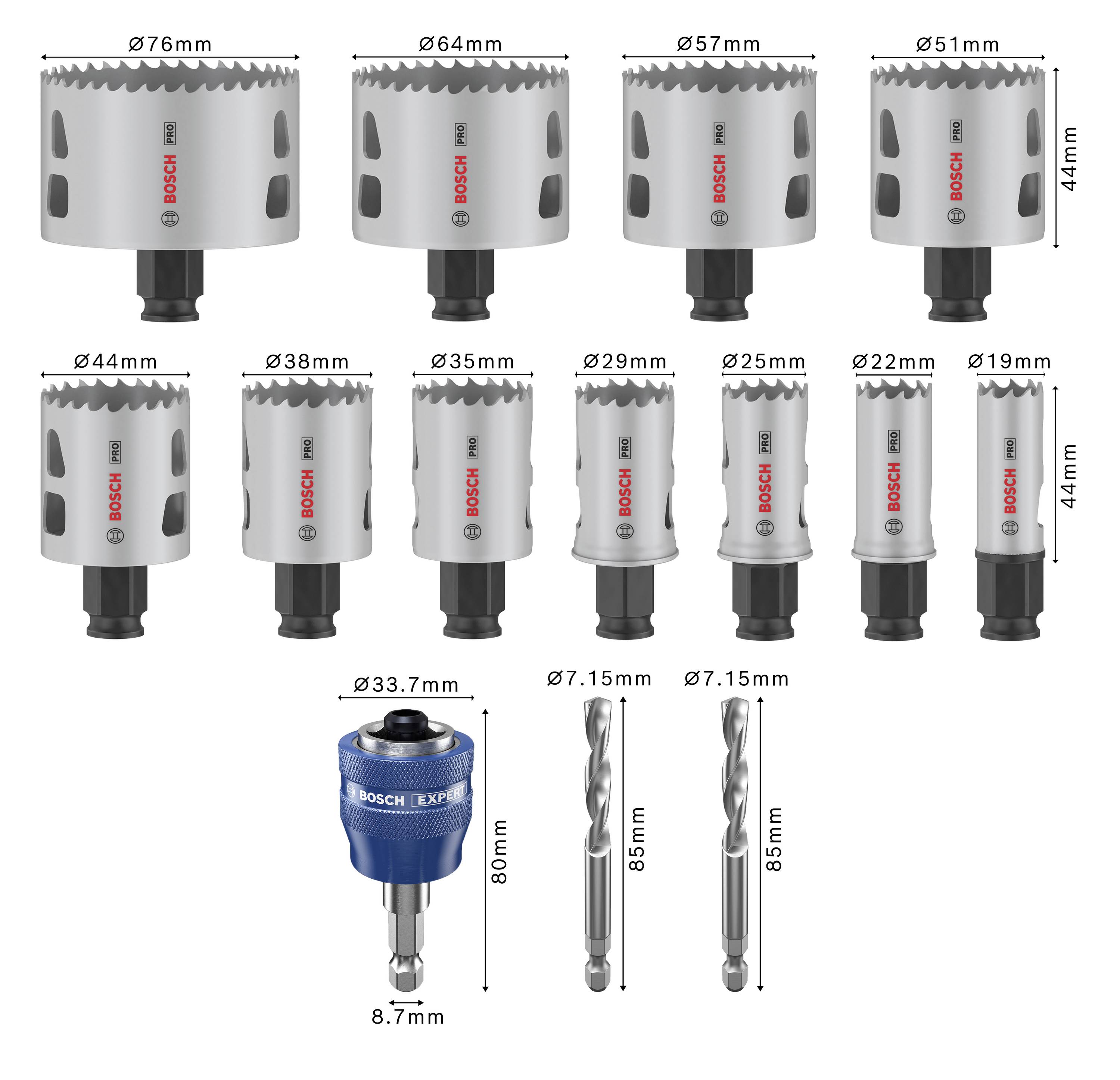 Satz aus elf Bosch-Lochsägen mit verschiedenen Durchmessern, Schnellwechseladapter und zwei HSS-Gebohrern.