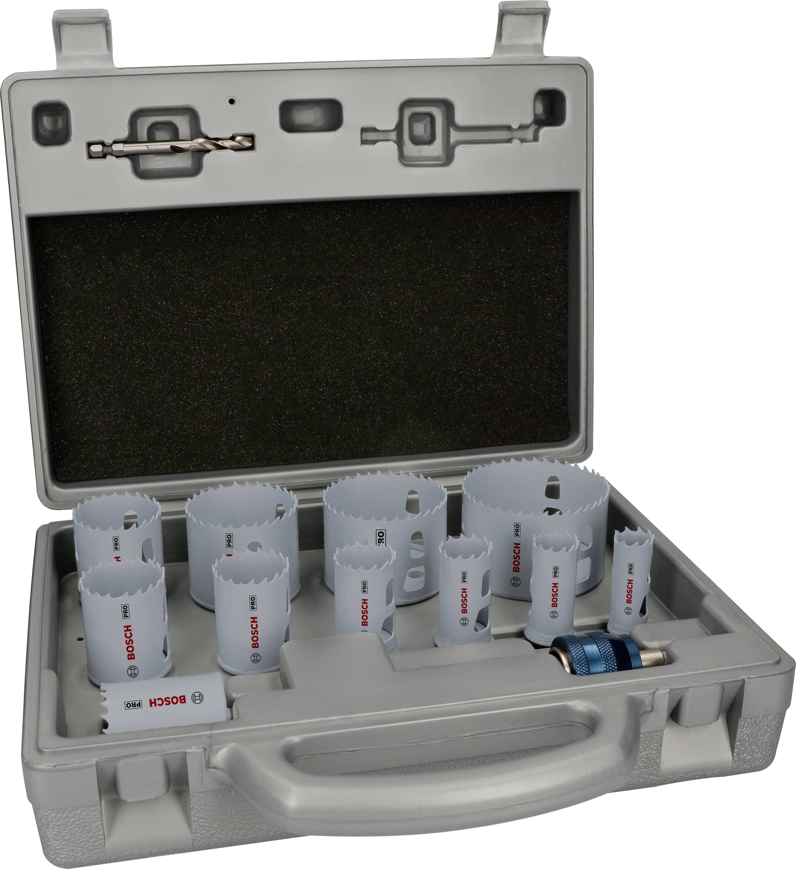 Grau-schwarzer Plastikkoffer mit verschiedenen Lochsägen unterschiedlicher Größe und Zubehörteilen, offen präsentiert.