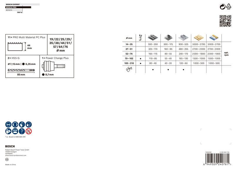 'Bosch Expert' Verpackung, zeigt verschiedene Bohrergrößen und Anwendungen für verschiedene Materialien. Enthält technische Spezifikationen.