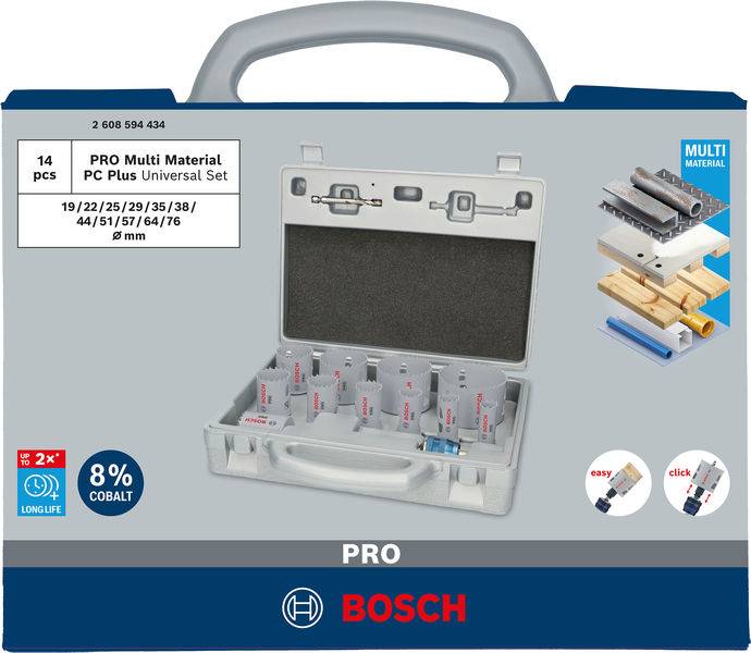 Ein Set von 14 Bohrkronen in einer grauen, geöffneten Plastikbox. Geeignet für verschiedene Materialien, inklusive Metalle und Holz.