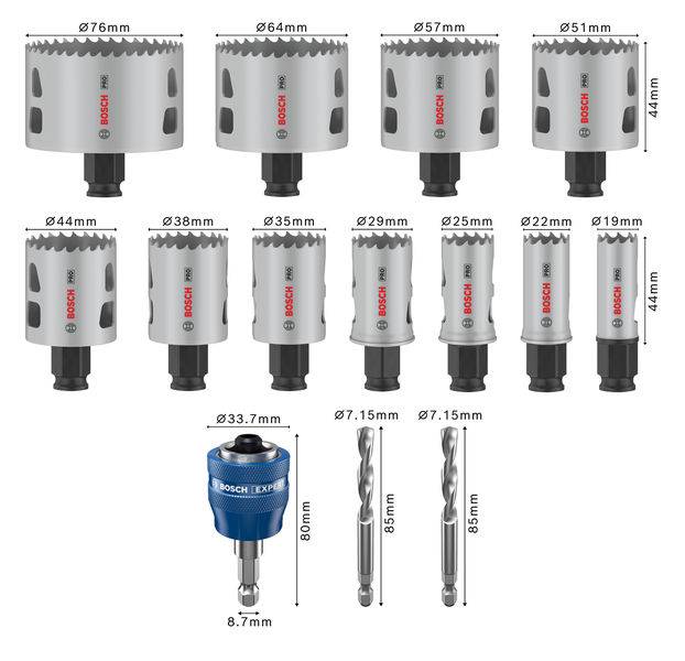 Satz von Lochsägen und Bohrern verschiedener Größen, inklusive Adapter. Maße in Millimetern angegeben. Markenname Bosch sichtbar.