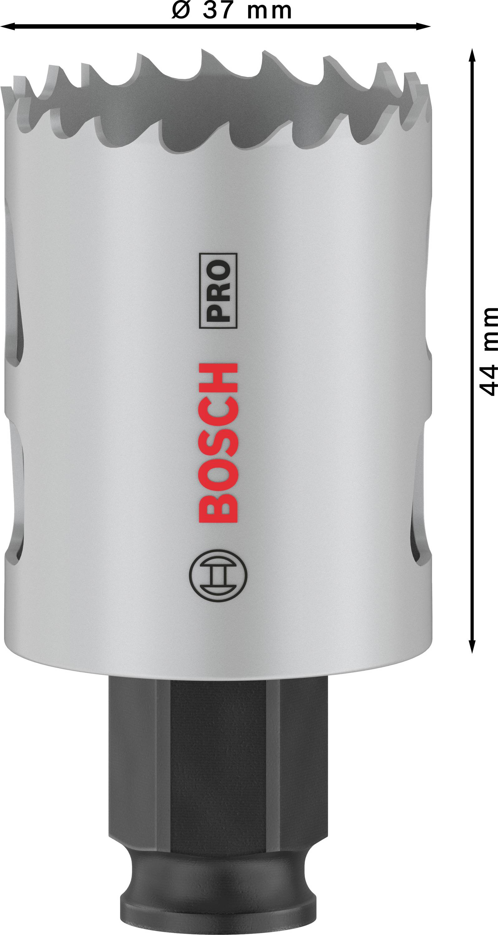 Metalllochschneider mit 37 mm Durchmesser und 44 mm Höhe, silberne Farbe, mit dem Logo 'Bosch Pro'.