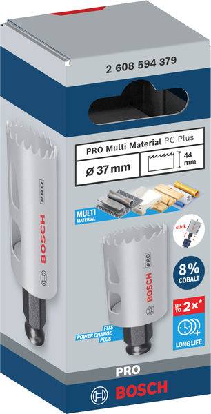 Verpackung für Bosch PRO Multi Material Lochsäge, Durchmesser 37 mm. Hervorgehoben: 8% Kobalt, Longlife, Power Change Plus.
