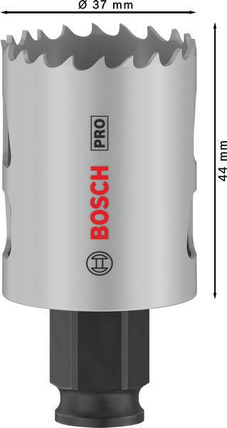 'BOSCH PRO' Lochsäge mit 37 mm Durchmesser und 44 mm Höhe, silberfarben, mit gezacktem Rand vor weißem Hintergrund.