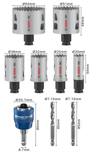 Sieben Bosch Lochsägen in verschiedenen Durchmessern von 20 mm bis 64 mm, ein Bohrer-Adapter und zwei Bohrer mit 80 mm Länge.
