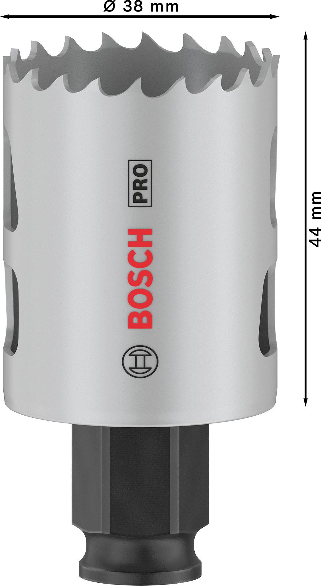 Metallbohrkrone mit Ø 38 mm, 44 mm Länge, Markenaufdruck 'Bosch PRO'.