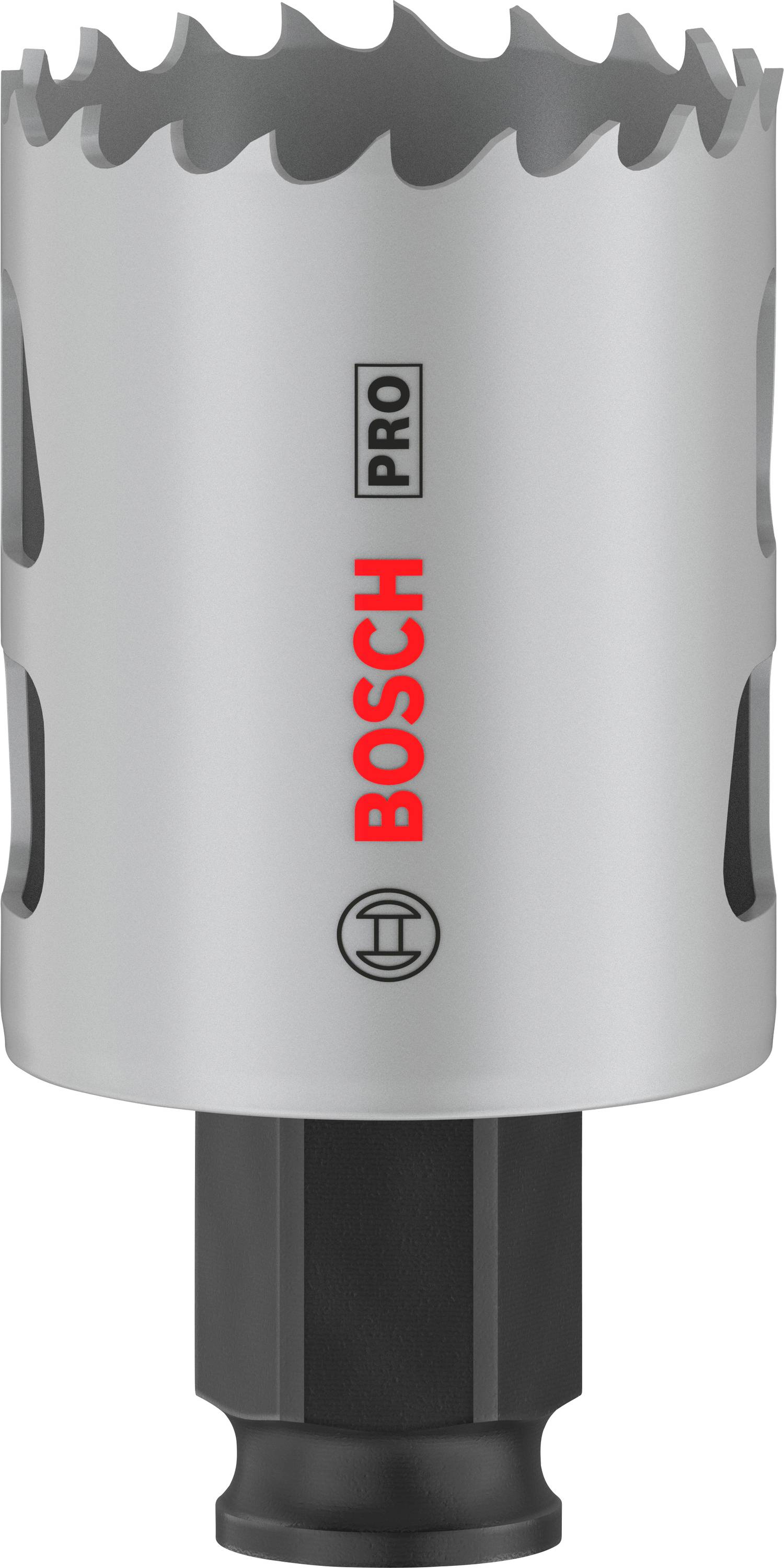 Metallsägekrone der Marke Bosch Pro. Silbernes, zylindrisches Werkzeug mit gezackter Kante und 'BOSCH' in Rot gedruckt.