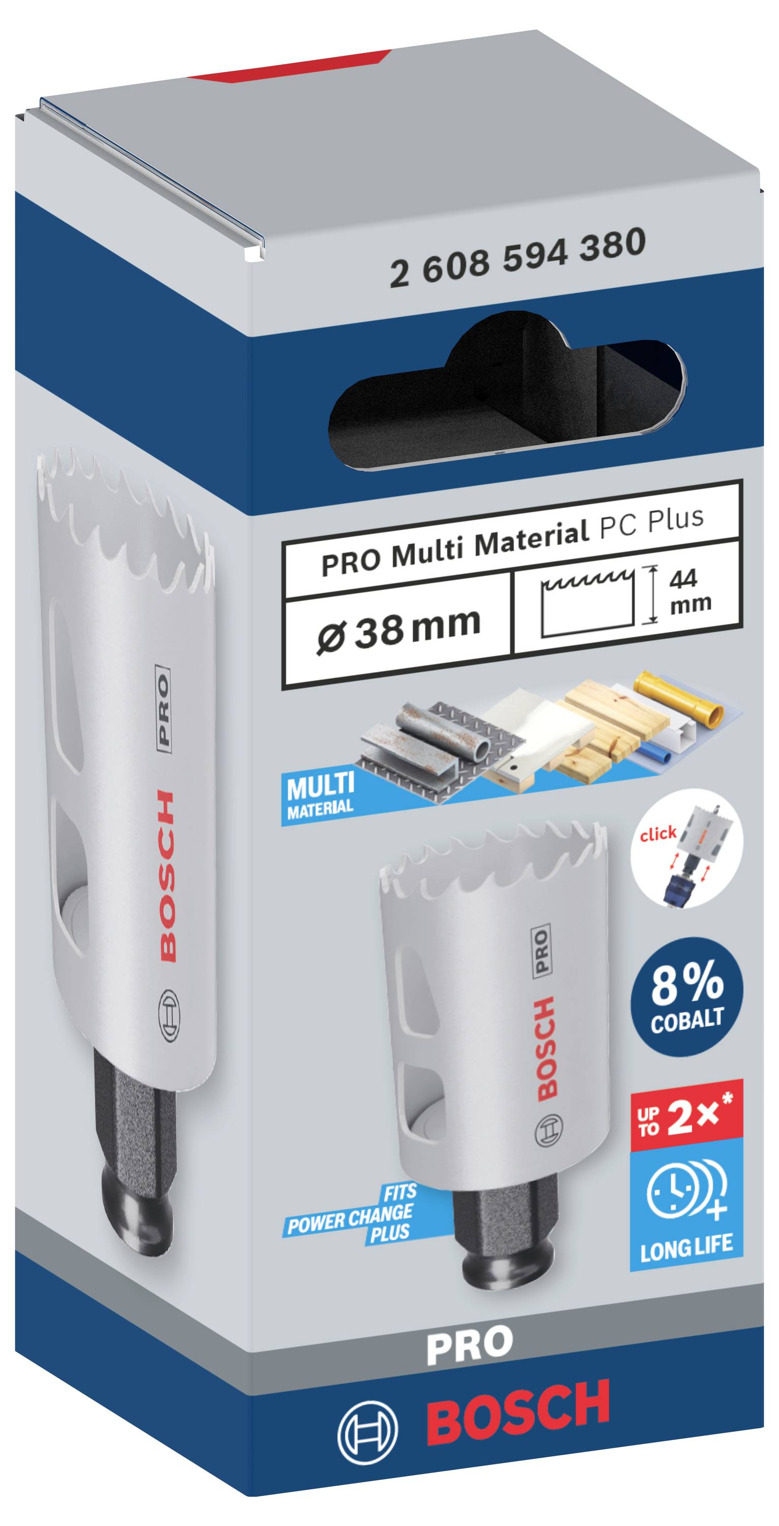 Verpackung einer Bosch PRO Multimaterial-Lochsäge, Durchmesser 38 mm, 44 mm Schnitttiefe, geeignet für verschiedene Materialien.