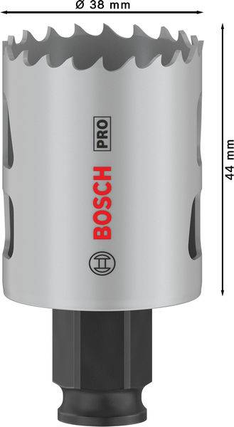 Lochsäge mit 38 mm Durchmesser und 44 mm Höhe, versehen mit Bosch- und Pro-Logo. Geeignet für präzise Bohrarbeiten.