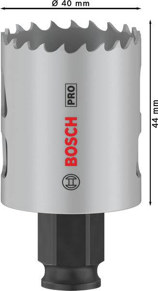 Bimetall-Lochsäge von Bosch mit 40 mm Durchmesser und 44 mm Schnitttiefe, geeignet für präzise Bohrarbeiten auf Metall.