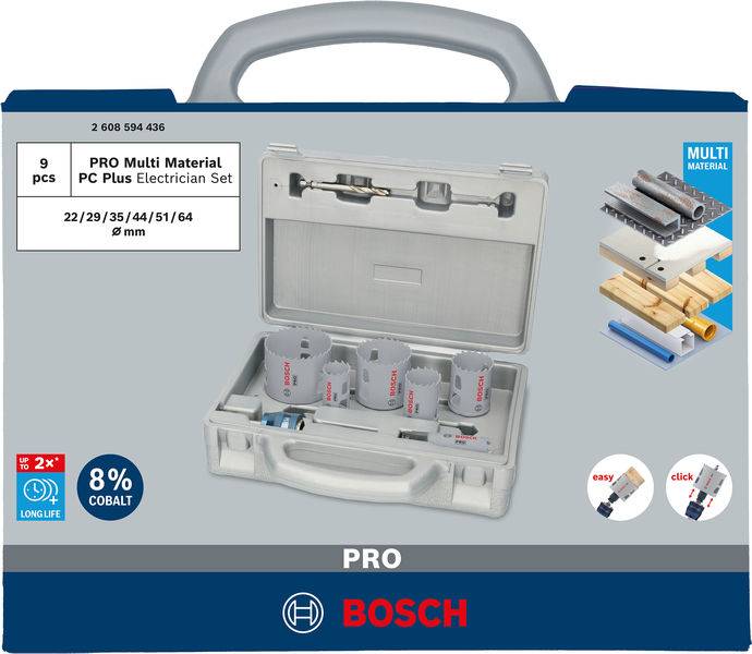'Bosch PRO Multi Material Set' bestehend aus 9 Teilen für Elektriker, geeignet für verschiedene Materialien, inklusive Kobalt-Beschichtung.
