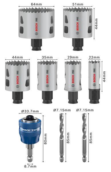 Produktabbildung von Bosch: Sechs Lochsägen (64 mm bis 22 mm), ein Adapter, zwei Bohrer (80 mm und 85 mm) mit Durchmesser 7,15 mm.