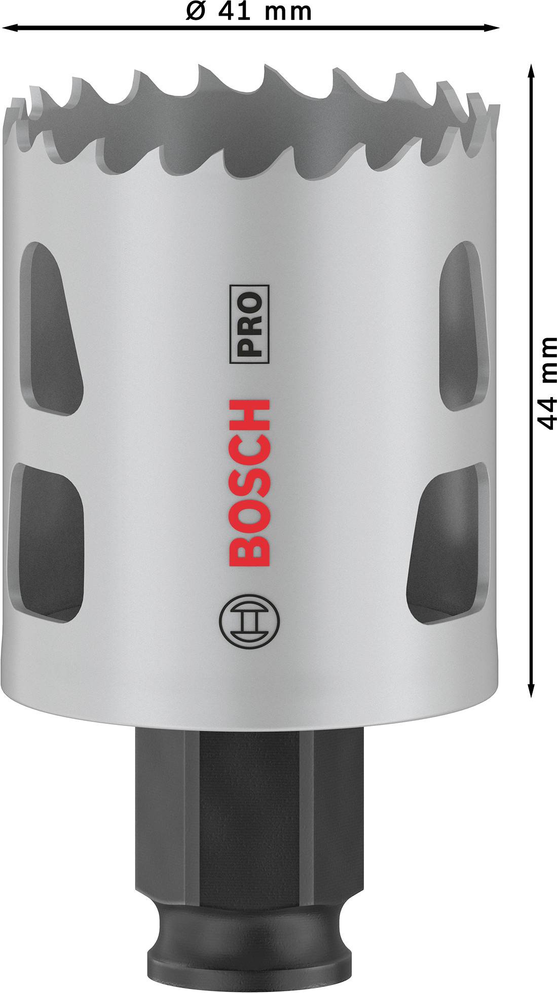 Metall-Lochsäge von Bosch Pro mit 41 mm Durchmesser und 44 mm Höhe, geeignet für präzises Bohren in Metallen.