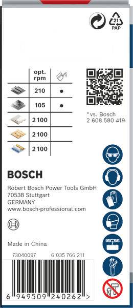 Bosch-Sägeblätter-Verpackung mit technischen Details, QR-Code und Symbolen für Anwendung und Sicherheit. Hergestellt in China.