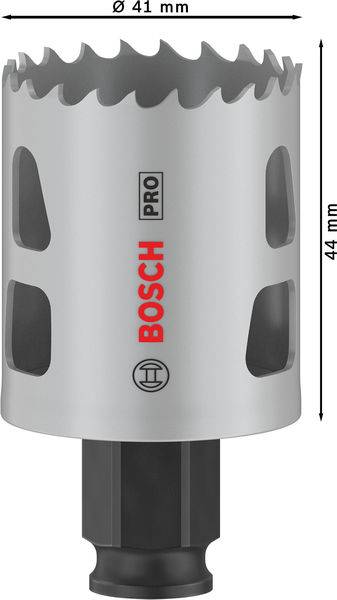 Silberfarbene Lochsäge mit 'Bosch Pro'-Aufdruck, 41 mm Durchmesser, 44 mm Länge. Entworfen für präzises Bohren in verschiedenen Materialien.