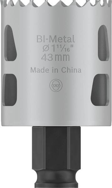 Ein silberner Bi-Metall-Lochsägeaufsatz mit der Beschriftung 'Ø 11/16